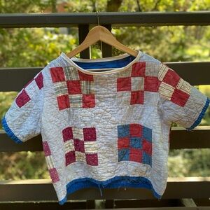 Vintage Quilt top medium blue and check pattern